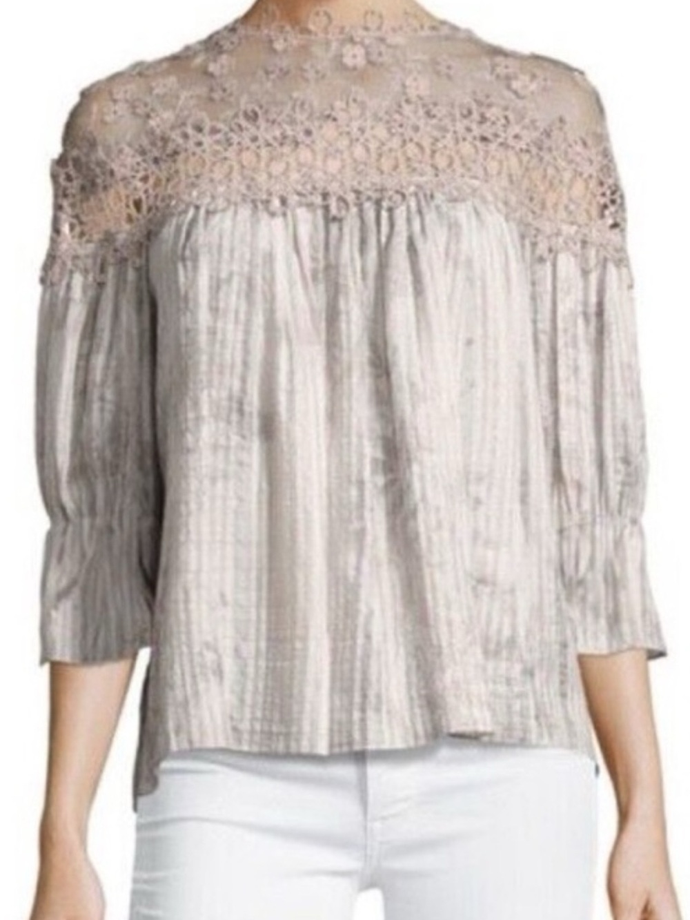 New Elie Tahari Neila Neutral Lace Yoke Peasant Blouse S